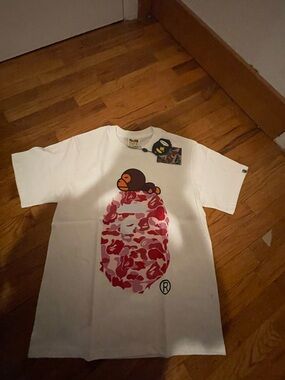 Bape White Tee with Pink Camo Ape Head Graphic